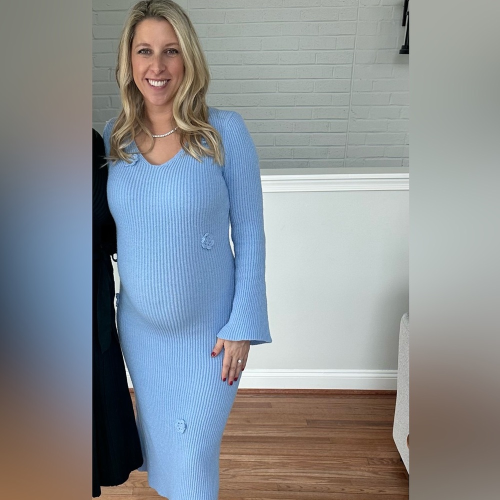 Maternity dress-Light Blue Ribbed Knit Midi Dress - Women